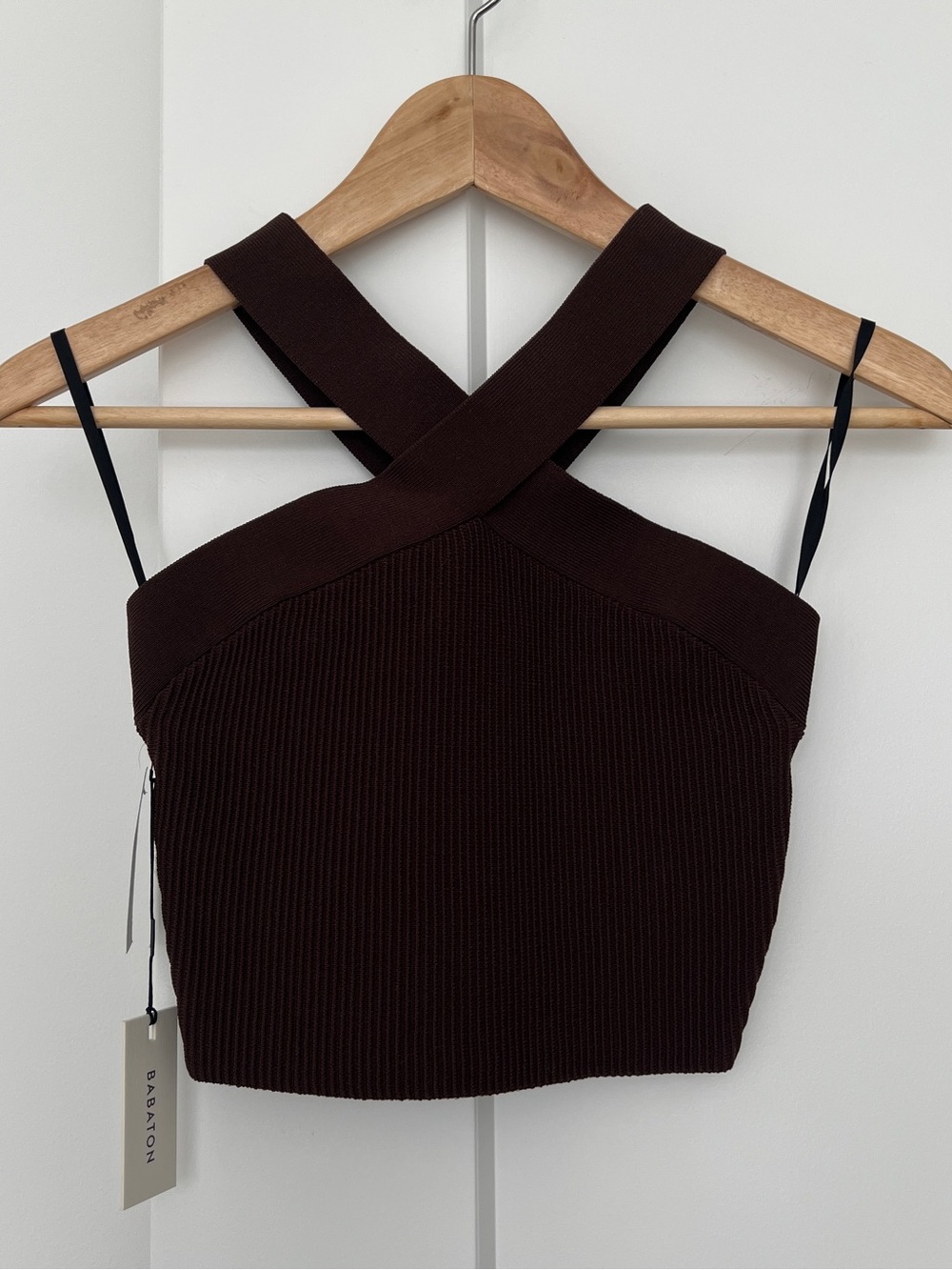 NWT Aritzia Babaton Sculpt Knit Criss Cross Cropped Tank Top Coffee Bean Size S
